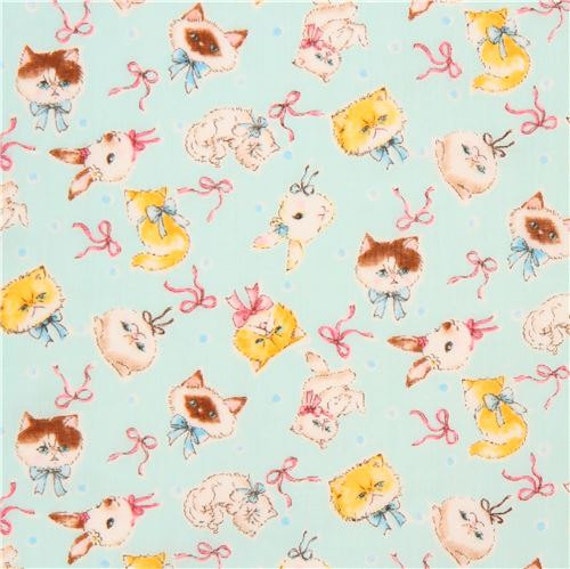 210549 Light Blue Fabric With Cute Cats Rabbits Bows Dots - 