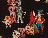 232969 La Media Vuelta skeleton and sugar skull fabric in black by Alexander Henry