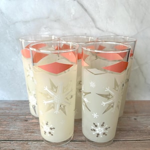 Vintage Frosted Atomic Snowflake Tom Collins Glasses - MCM Christmas Barware Set of 5