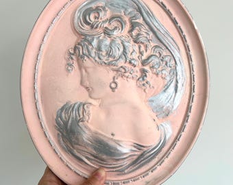 Vintage Cameo Victorian Woman Chalkware Plaque Wall Sculpture - Pink Handmade Portrait