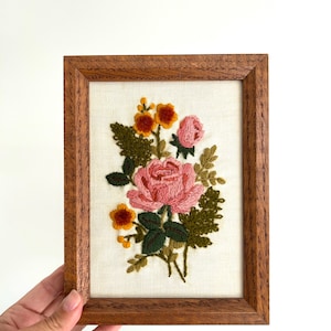Vintage Framed Crewel Roses and Flowers Bouquet Embroidered Wall Hanging Art - 1970s Fibre Art