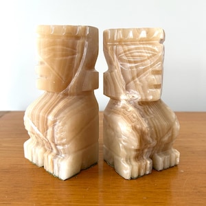 Vintage Onyx Aztec Bookends - Carved Stone Pair - Set of 2