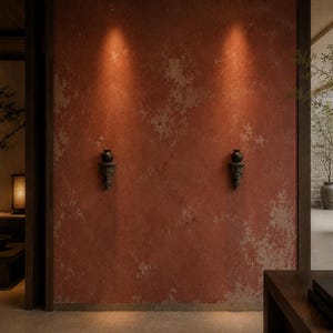 May include: A textured, terracotta-colored wall features two dark, ornate wall-mounted sconces, each holding a small, rounded black vessel. The wall is illuminated by two focused spotlights from above, highlighting the weathered, mottled surface finish.