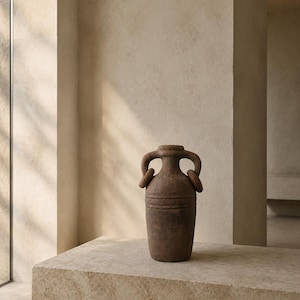 Può includere: Un'anfora in terracotta color marrone scuro e dall'aspetto vissuto, caratterizzata da un collo cilindrico, un corpo arrotondato e due manici laterali prominenti con anelli. La superficie del vaso presenta una finitura ruvida e irregolare.