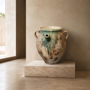 Op de afbeelding: Een grote, verweerde keramische pot met twee zijhandvatten en een centrale tuit. De buitenkant heeft een gevlekte bruine en beige afwerking met een opvallend groen glazuurpatroon dat vanaf de rand naar beneden over de buik loopt.