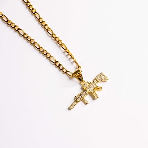 18K Gold Plated Rifle Pendant Chain Necklace | Hip Hop Jewelry | Trendy Bling Pendant | Men's & Rapper Chain |