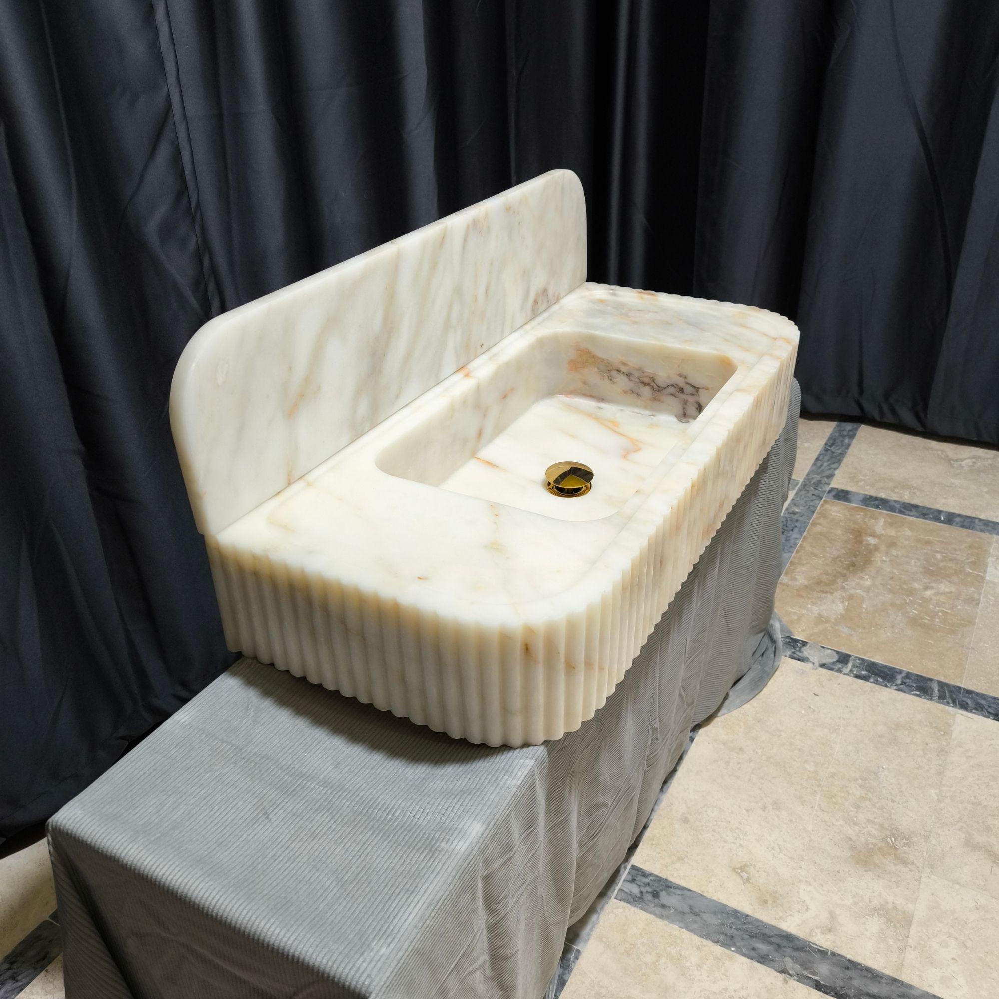 Calacatta Gold Marble Ribbed Sink: Floating Vanity With Backsplash - Etsy