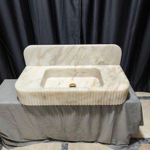 Calacatta Gold Front Ribbed Marble Sink, Floating Sink with Backsplash, Marble Sink Vanity, Powder Room Sink, Bathroom Sink