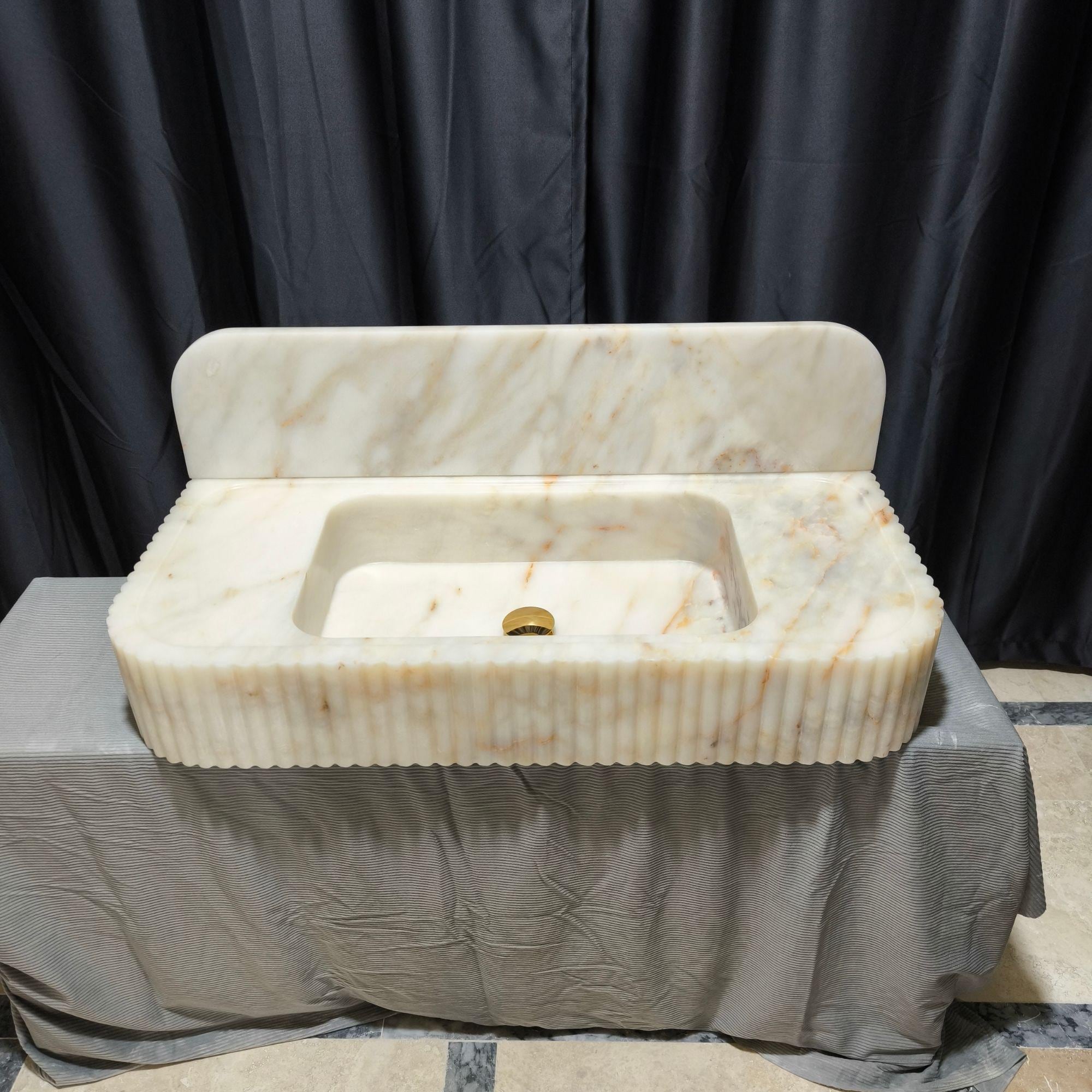 Calacatta Gold Marble Ribbed Sink: Floating Vanity With Backsplash - Etsy