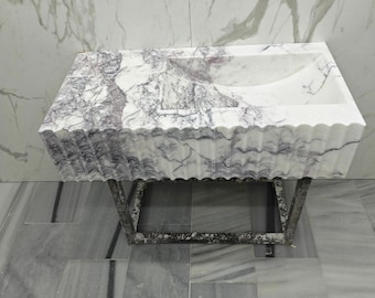 Lilac Marble Floating Sink Vanity, Hand Carved Natural Stone Basin, Ribbed Front Bathroom Sink