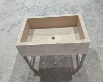 Lavabo de travertino beige hecho a mano: tocador de baño rectangular de mármol
