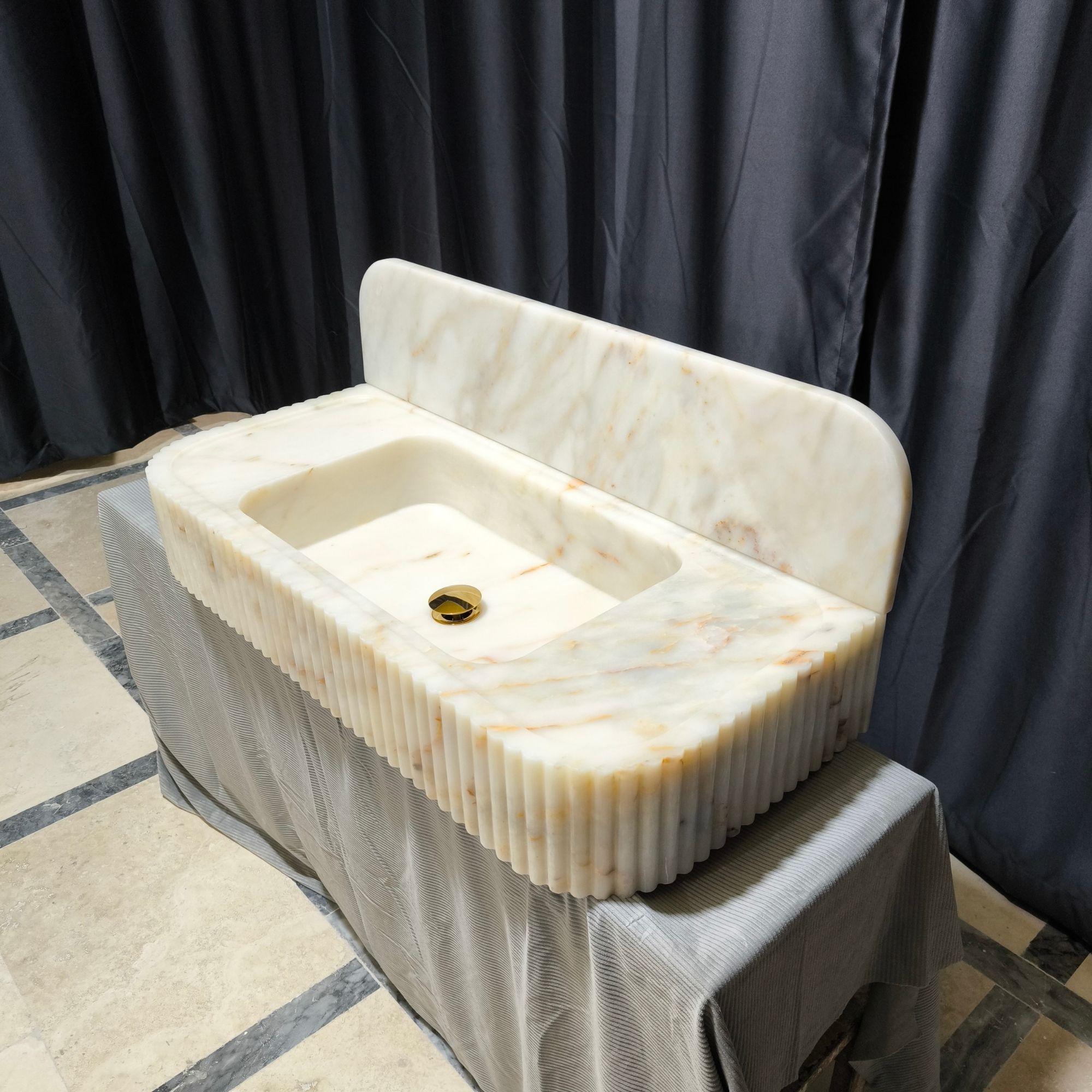 Calacatta Gold Marble Ribbed Sink: Floating Vanity With Backsplash - Etsy