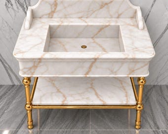 Calacatta Gold Marble Vanity Sink, Wall Mounted , Handcrafted Stone Washbasin