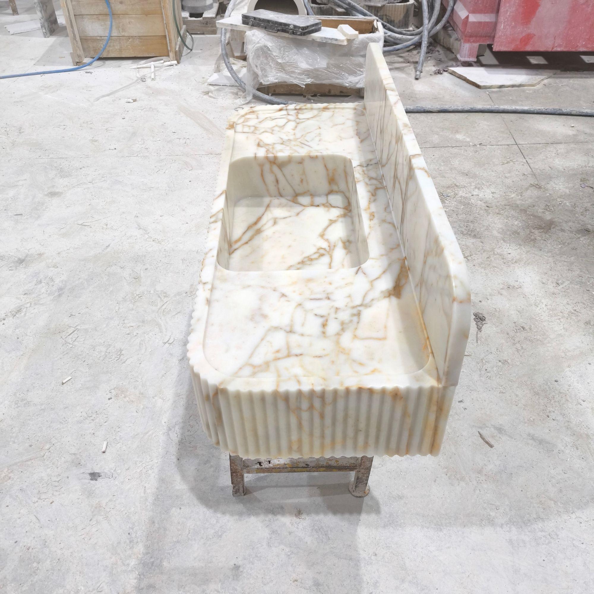 Calacatta Gold Marble Sink: Ribbed Edge Rectangular Washbasin - Etsy