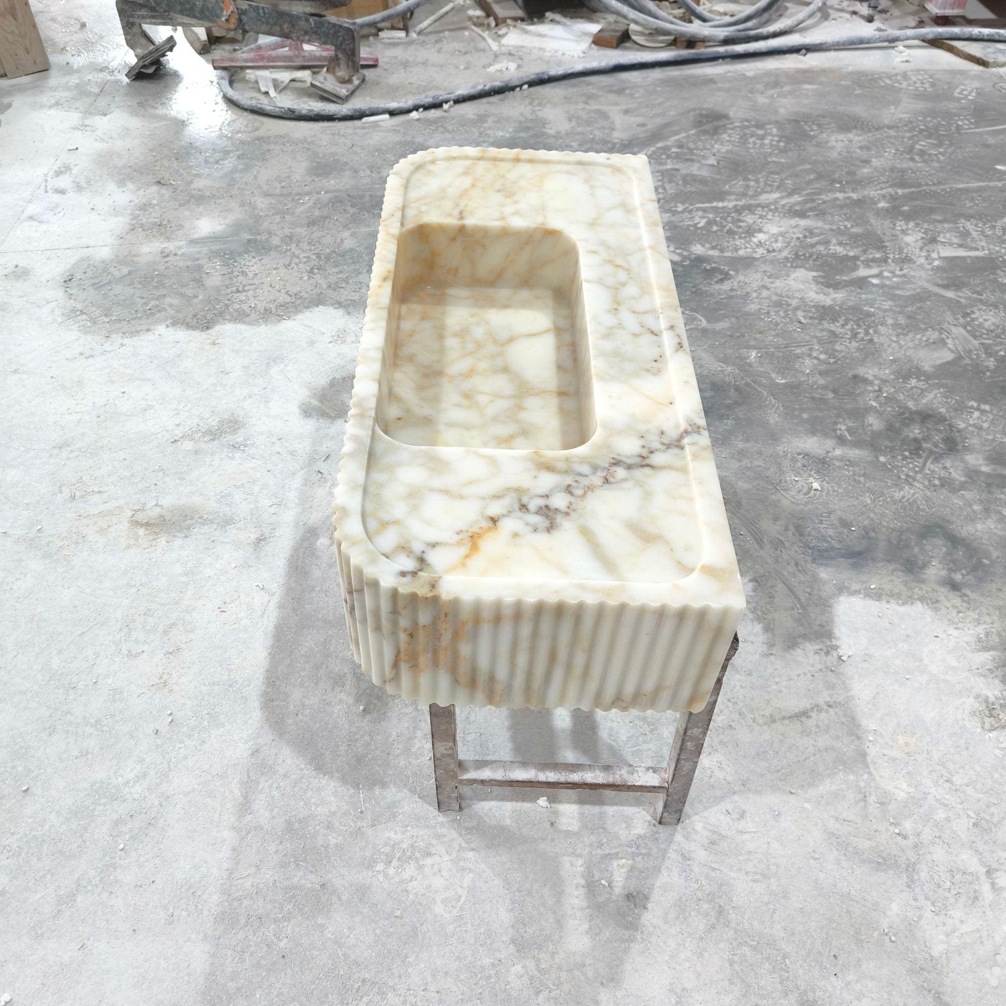 Calacatta Gold Ribbed Marble Sink: Handmade Floating Vanity (36