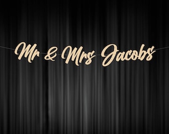 Banner personalizado con apellidos de Sr. y Sra., letrero de mesa con forma de corazón, banner de recepción de boda, banner con apellidos