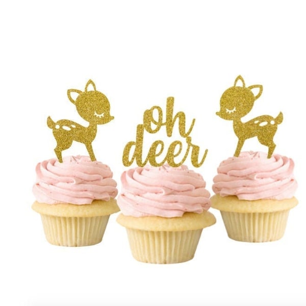 Oh Deer Cupcake & Food Toppers, Oh Deer she's almost here, Baby Sprinkle, Fawns, Bambi, Baby Shower, Woodland Birthday Party, Set of 8 or 12