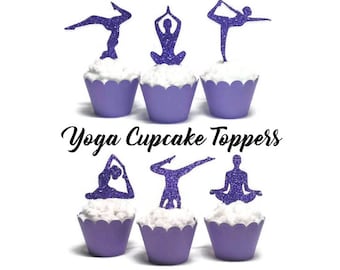 Adornos para cupcakes y palillos para comida con temática de yoga, posturas de yoga, fiesta de cumpleaños de yoga, juego de 8 o 12 unidades.