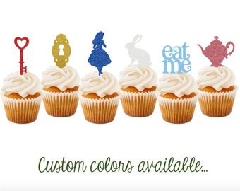 Alice in Wonderland Cupcake Toppers, Onederland Cupcake Toppers, Alice in Wonderland Birthday, Set of 6 or 12