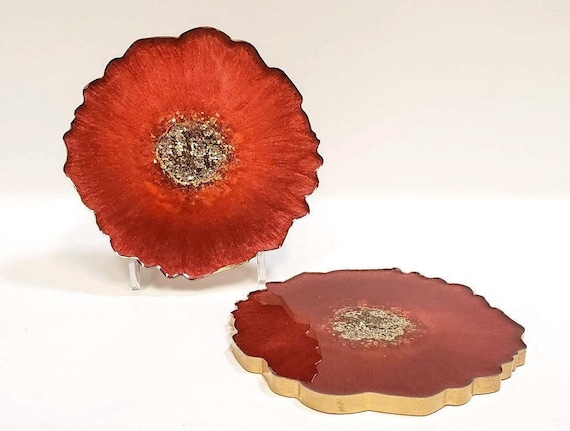 Red & Gold Coasters, One Pair (2), Geode Inspired, Beautiful, Sparkly, Shiny, Great Gift for Anyone, Ready to Ship, Free Shipping! Il_570xn