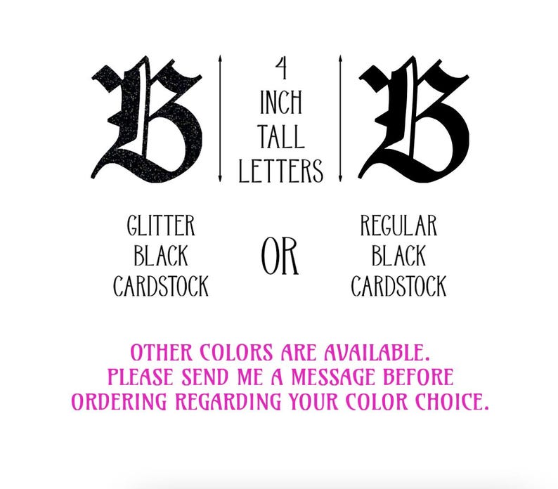 Puede incluir: La imagen muestra la letra "B" en dos estilos: cartulina negra con purpurina y cartulina negra normal. El texto indica que las letras miden 10 cm de alto. Hay otros colores disponibles; contacte con el vendedor para opciones.