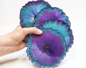 Purple & Turquoise Resin Coasters - Set of 4 - Next Day Shipping, Free Shipping