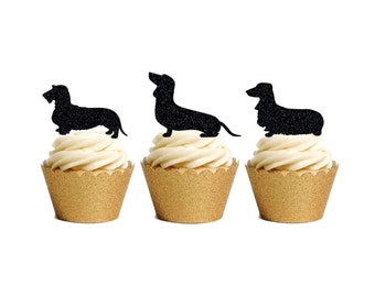Adornos para cupcakes de perro salchicha, pastel de cumpleaños de perro salchicha, fiesta de perros salchicha, alambre, pelo largo y liso.