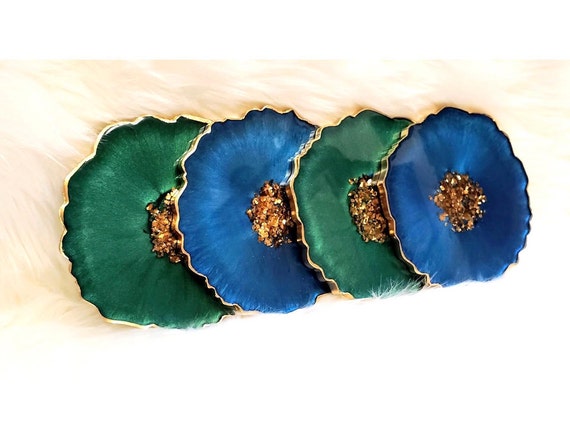 Blue & Green Coasters, Set of 4, Geode Inspired, Lustrous, Beautiful, Shiny, Great Gift for Anyone, Ready to Ship, Free Shipping! Il_570xn
