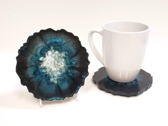 Black & Teal Coasters, One Pair (2), Geode Inspired, One of a Kind, Sparkly, Shiny, Great Gift for Anyone, Free Shipping! Il_570xn