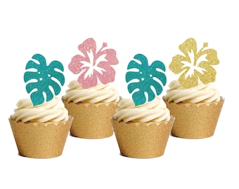 Hibiscus & Jungle Leaf Cupcake Toppers, Surf Baby Shower, Safari Party, Tropical Jungle Party, Monstera Leaf