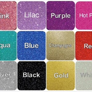 May include: A chart of 12 different colors of glitter, including pink, lilac, purple, hot pink, aqua, blue, champagne, red, silver, black, gold, and white.
