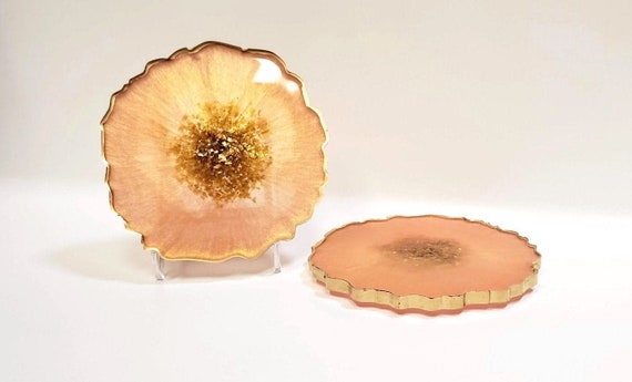 Gorgeous Peach & Gold Coasters, One Pair (2), Geode Inspired, Luminous, Sparkly, Shiny, Great Gift for Anyone, Free Shipping! Il_570xn