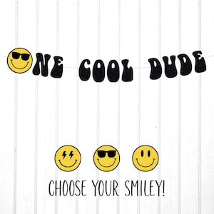 One Cool Dude Banner, Smiley Face First Birthday, Groovy, Hippie, 1970&#39;s Theme, Retro 1st Birthday