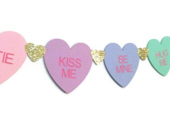 Conversation Heart Garland, Valentine's Day Banner, Galentine's Day, Candy Hearts