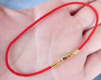 Red Silk Cord Bracelet with Gold Vermeil End Caps and Gold Vermeil Lobster Clasp