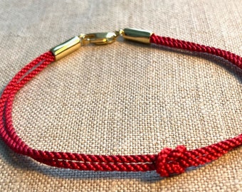 SALE--One of a Kind--THIS Red Silk Infinity Knot Rope Bracelet with Gold Vermeil End Caps and Clasp