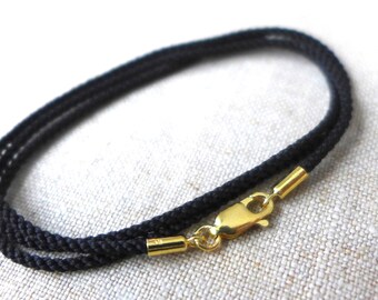 1.3mm Slender Black Silk Cord Necklace with Gold Vermeil Clasp and End Caps for YOUR Pendant