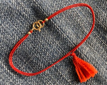 Doubled Red Silk Thread Bracelet--Removable Tie-on--with Gold Vermeil Spring Ring Clasp and Tassel