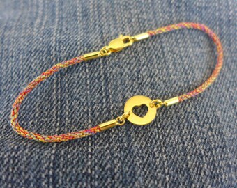 One of a Kind Gold Vermeil Heart Link with Handmade Rainbow Silk Cord