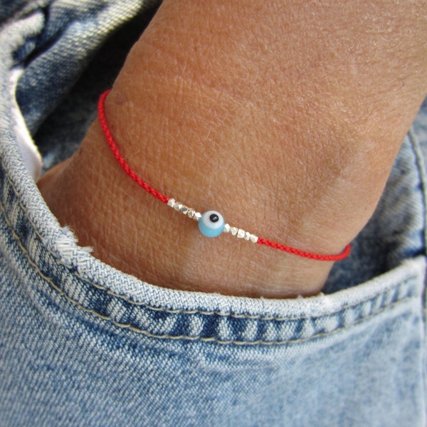Little Red Silk Bracelet with Turquoise Evil Eye Bead, Pure Silver Nuggets and Sterling Silver Clasp