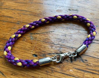 One of a Kind Purple and Gold Silk Rope Bracelet with Sterling Silver Swivel Clasp and Sterling Fancy Bali End Caps