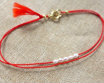 Delicate Doubled Red Silk and Pearl Bracelet with Gold Vermeil Beads and Gold Finished Clasp