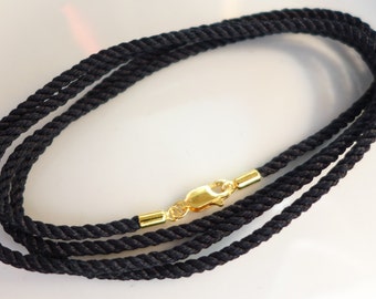 2.3mm Black Silk Cord Necklace with Gold Vermeil (over Sterling Silver) Ends and Clasp--for Your Pendant