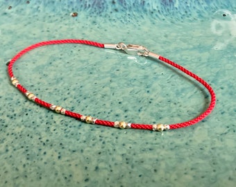 Have It Both Ways--Silver AND Gold Vermeil Beads--Delicate Red Silk Cord Bracelet with Sterling Silver Clasp