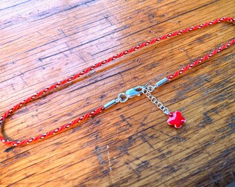 SALE and One of a Kind:    THIS Delicate Red, Black and White Silk Bracelet with Flower Dangle and Sterling Silver Clasp