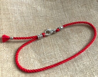 One of a Kind Adjustable Red Silk Bracelet with Sterling Silver Lobster Clasp and Hill Tribe Silver Beads