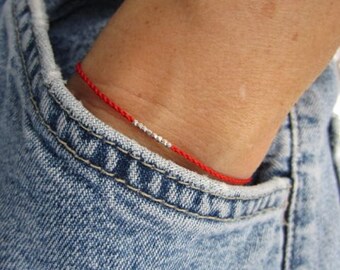 Lucky Number Tiny Silver Nuggets--Red Silk Cord Bracelet with Sterling Silver Clasp