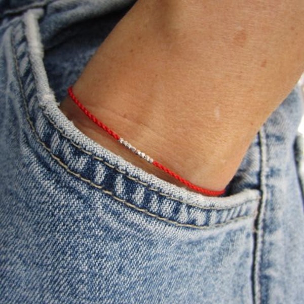 Lucky Number Tiny Silver Nuggets--Red Silk Cord Bracelet with Sterling Silver Clasp
