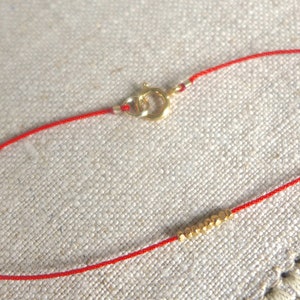 Lucky Number Tiny Gold Vermeil Nuggets--Delicate Red Silk Cord Bracelet with Gold Vermeil Clasp