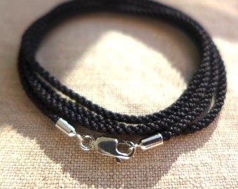 Black Silk Cord Necklace--2mm Thick--with Sterling Silver Clasp and End Caps for YOUR Pendant